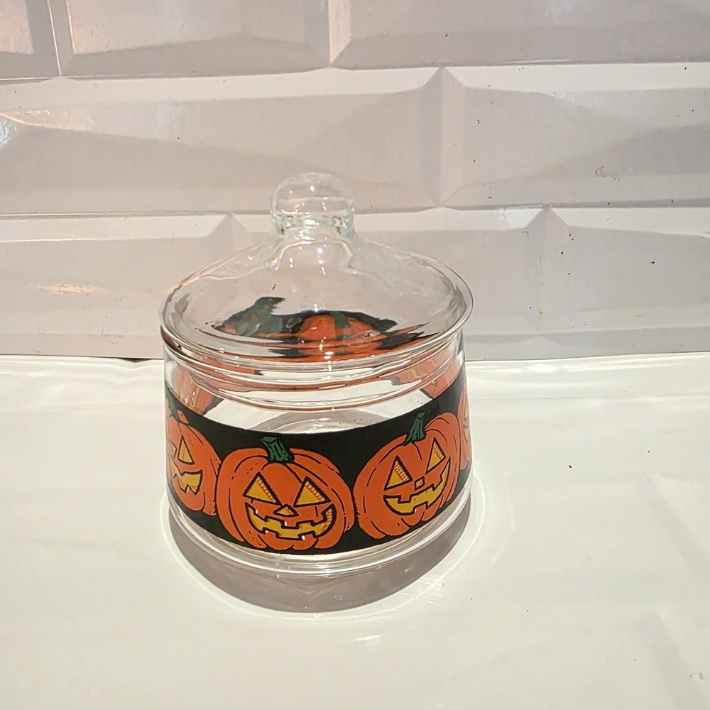 Indiana Glass HALLOWEEN Candy Jar JACK O LATERNS Vintage HALLOWEEN PUMPKINS